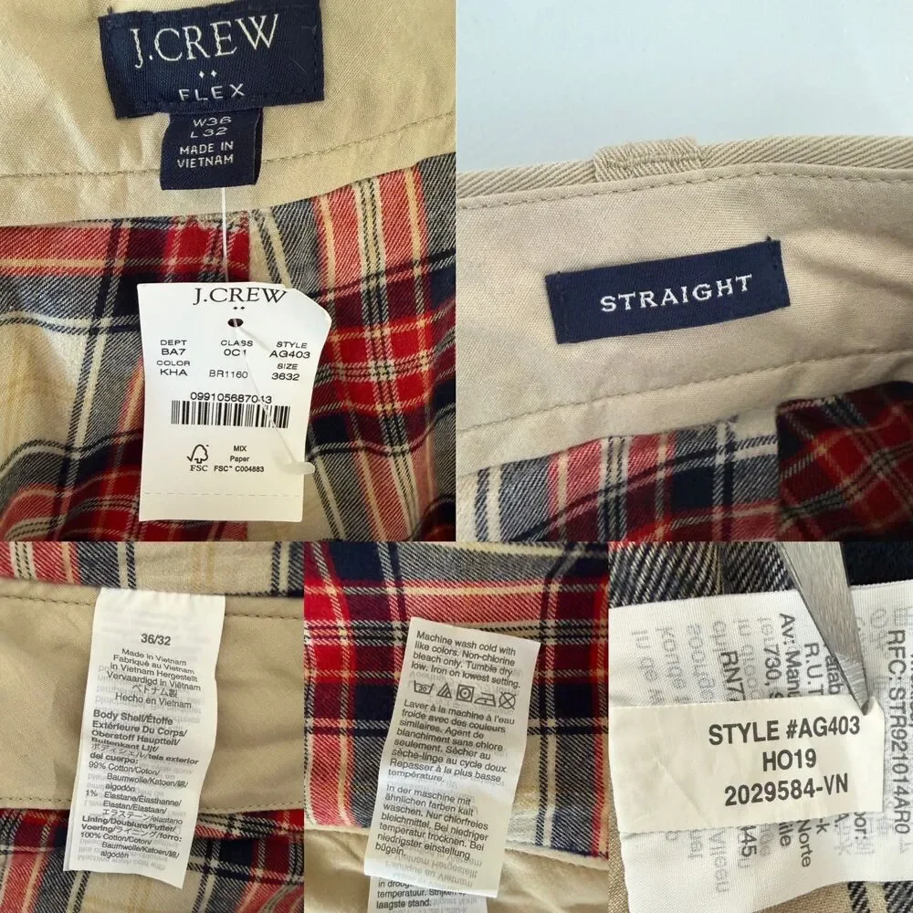 J.Crew Flex Flannel Lined Khaki Chino Pants Men's 36x32 Straight Fit Stretch Tan